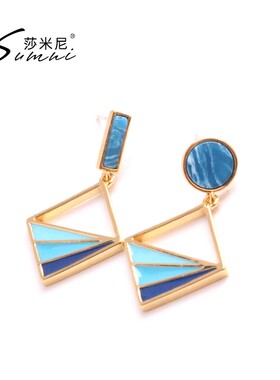 sumni/不对称法式几何复古耳环珐琅耳坠温柔高级感女绿色蓝色耳饰