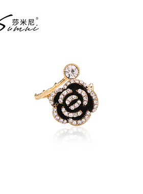 sumni/莎米尼新款黑色花朵淑女开口戒指18K包金可爱时尚质感