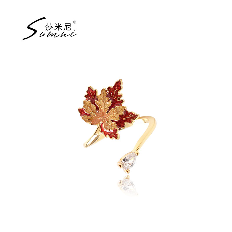 sumni/莎米尼加拿大枫叶珐琅戒指女设计开口个性时尚轻奢包金