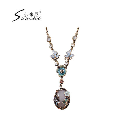 sumni/复古田园风珐琅滴釉蝴蝶花卉中古粉绿石毛衣链女项链春夏