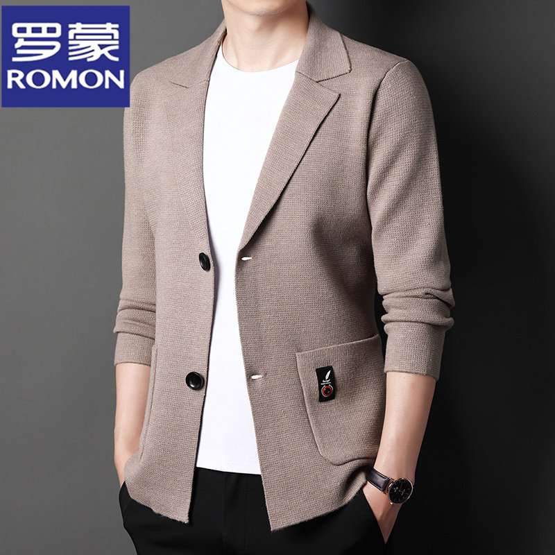 로몬 브랜드 가디건 남성 중간길이 봄 가을 청소년 한국식 스웨터 남성 정장 칼라 스웨터 재킷 상의