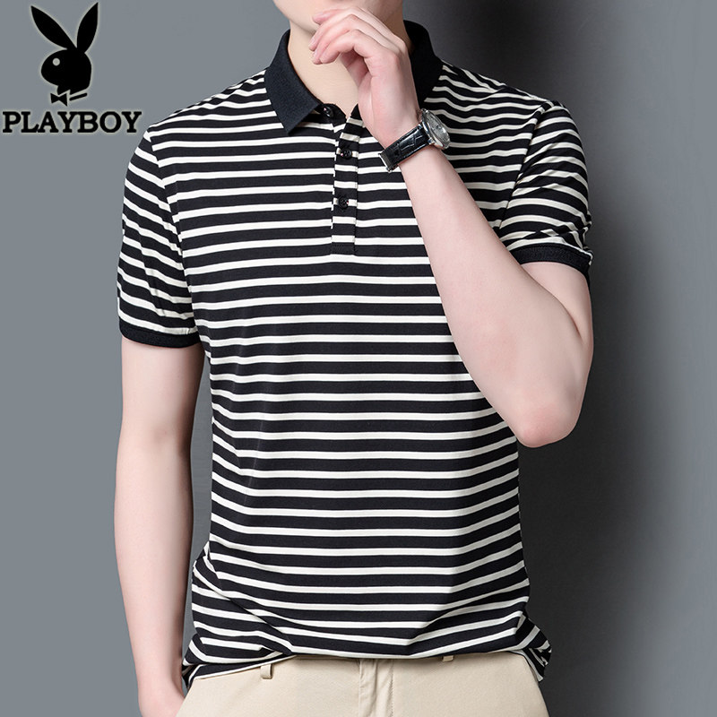 花花公子短袖男polo衫夏季黑白条纹休闲t恤韩版潮流男士翻领体恤