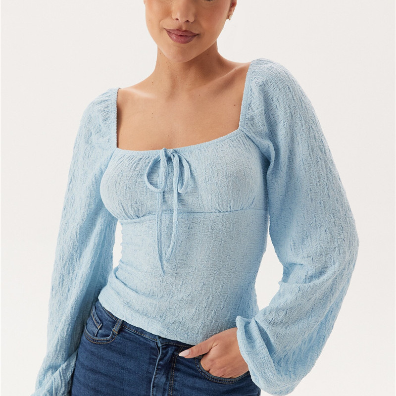 褶皱性感方领绑带弹力女长袖春季