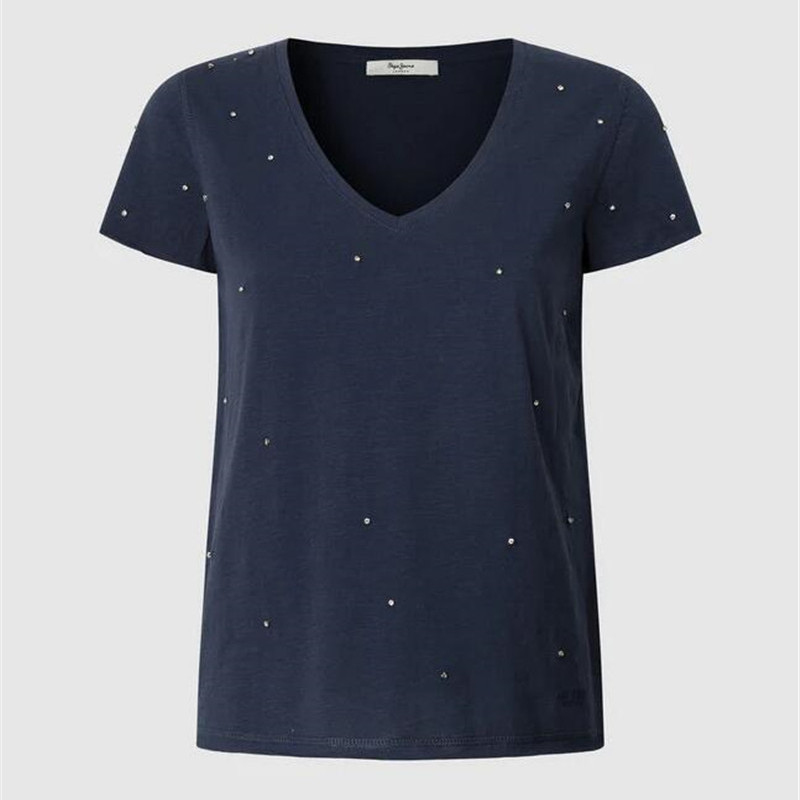 坚持原单 英国pepe**舒适全棉夏季薄款钉珠V领女纯色简约T恤短袖