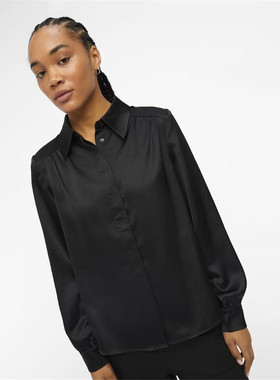 德国obj原单梭织雪纺春秋长袖黑色职业宽松女士polo长袖衬衫