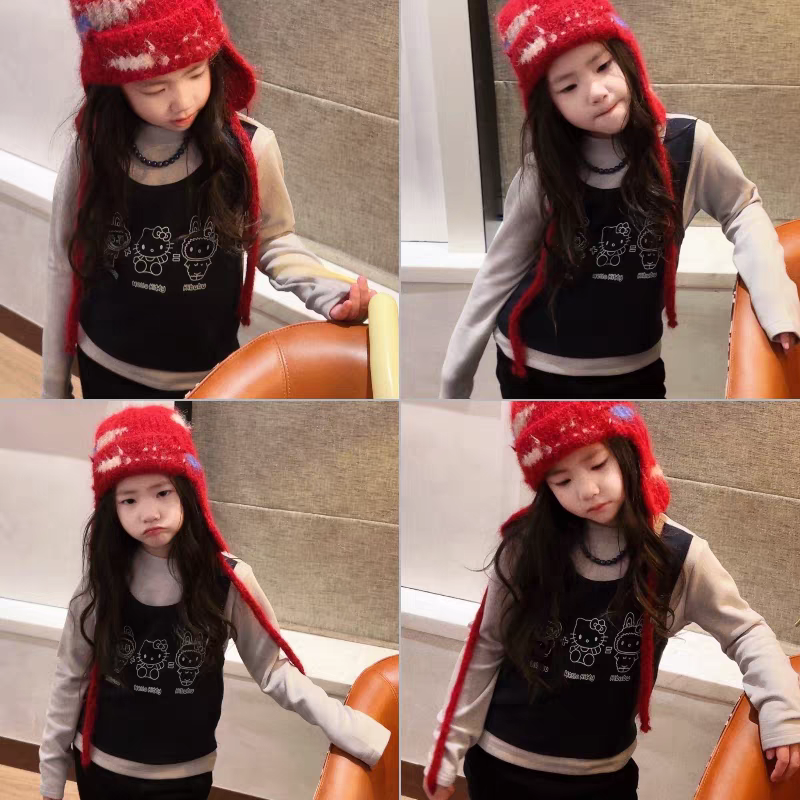女童冬季加厚绒里打底衫中大童假两件上衣2025冬新款 超软含羊毛