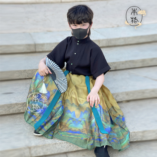 本格汉服男童女童古风春夏改良日常汉服儿童马面裙套装瑞鹤图中国