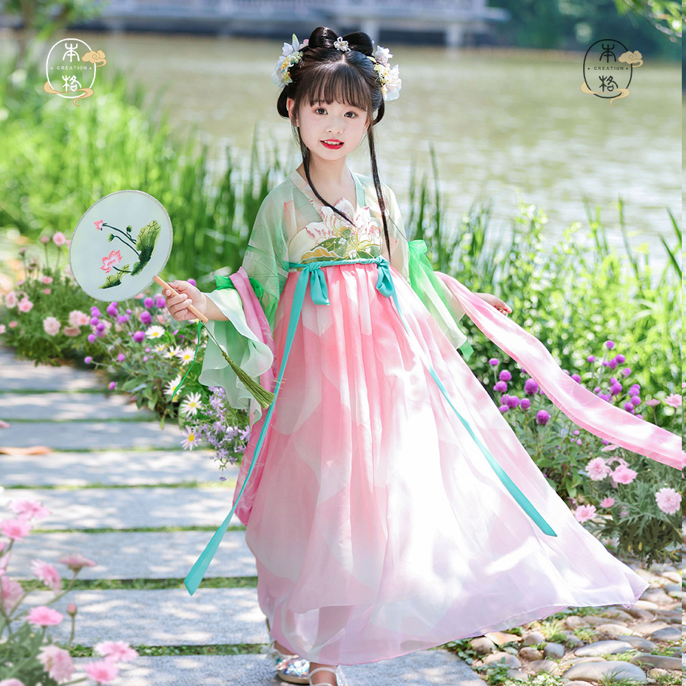 本格汉服女童襦裙夏季荷花连衣裙图片