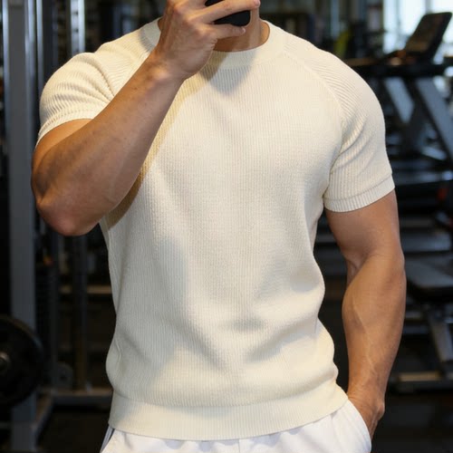 老钱风小领口短袖男士针织衫