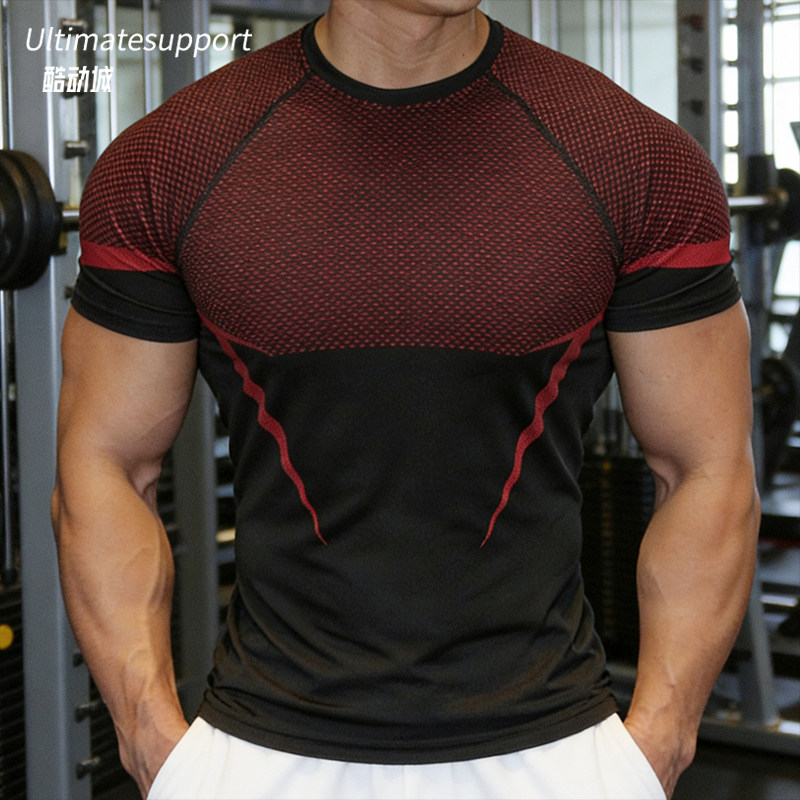 夏运动健身上衣跑步男士健身短袖弹力紧身运动训练服印花T恤紧身