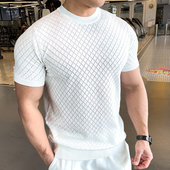 健身短袖 新款 复古男士 美式 纯色春夏潮牌宽松园领T恤针织男 夏季