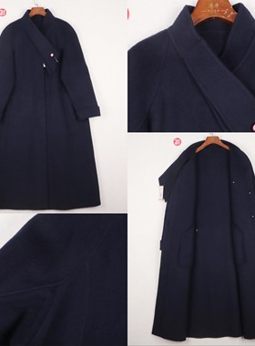 日本手工制作 深蓝色设计感立领花瓣袖单排扣山羊绒双面绒大衣女