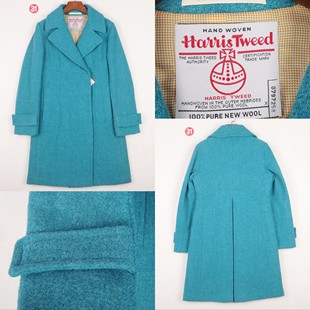 日系余单HARRIS 湖蓝色海军领100%羊毛粗花呢大衣 TWEED手工编织