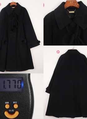 日本制SOLEIL 公主风黑色娃娃水貂毛球高端毛领大衣女重磅斗篷型