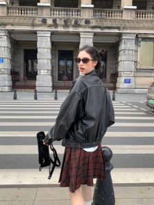 fullmoon满月 重工复古做旧翻领皮衣外套女2023秋冬宽松夹克机车