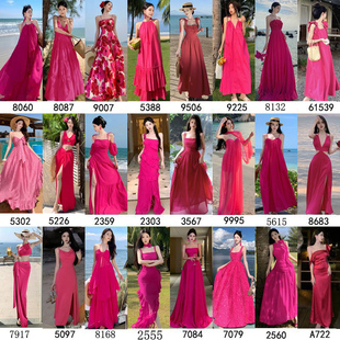 火龙果玫红粉色显瘦露背沙滩裙女夏季新款三亚海边旅游度假连衣裙