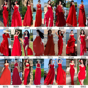 大红色沙滩裙西北敦煌沙漠旅游穿搭云南大理海边三亚海边度假长裙