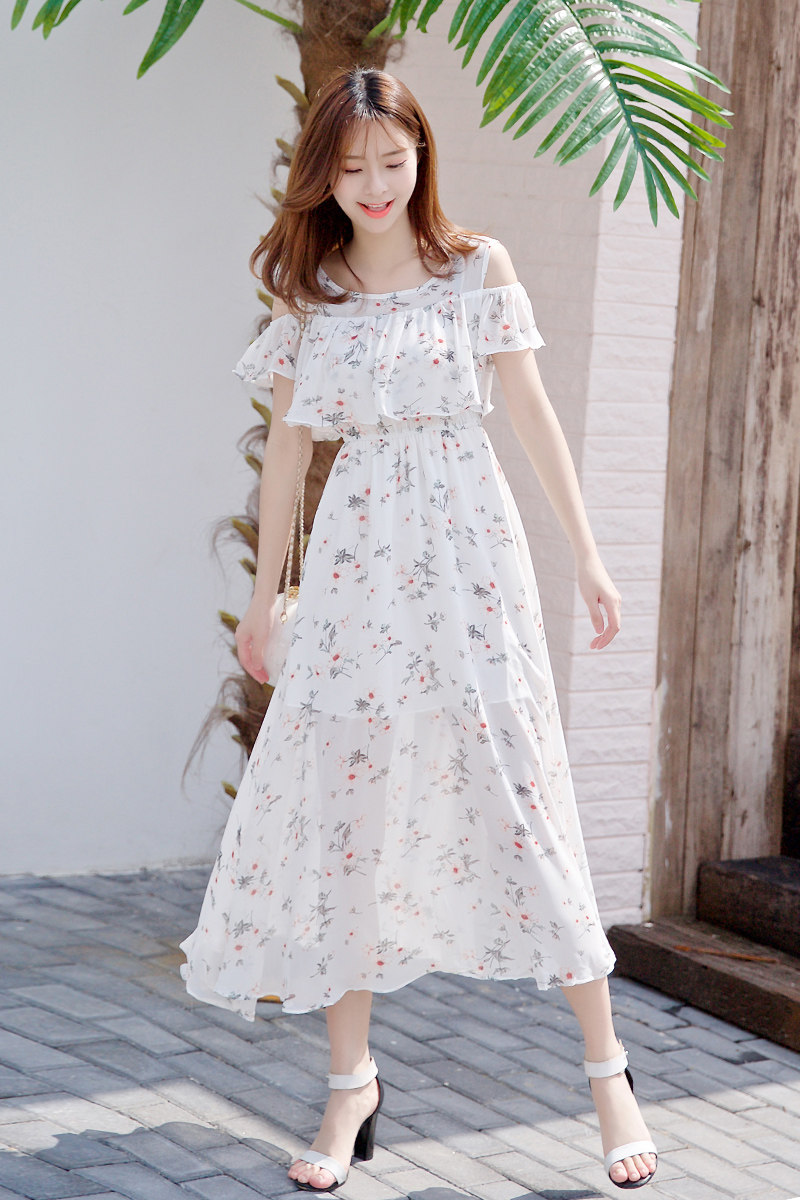 夏季海边度假吊带露肩小碎花波西米亚长裙大码沙滩裙雪纺连衣裙女