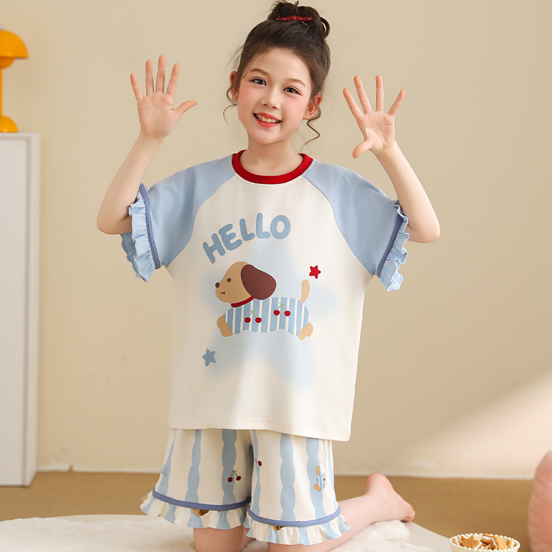 儿童睡衣纯棉短袖薄款小女孩宝宝亲子家居服腊肠狗中大童套装夏天