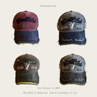 欧美潮帽black字母帽檐破损鸭舌帽男女同款个性划痕棒球帽弯檐ins