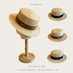 2024年新款拉菲草草帽女平檐帽百搭休闲时尚轻薄透气平顶帽礼帽