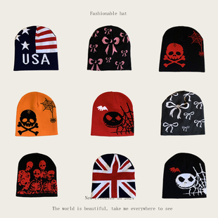 新款合集图案毛线帽男女同款针织帽秋冬保暖个性潮帽街舞hip套头