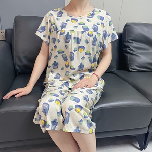 新款夏季女士绵绸套装短袖七分裤大码人造棉薄款家居服棉绸女睡衣