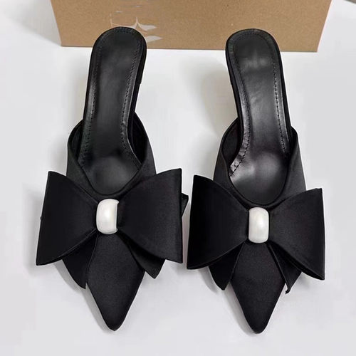 西班牙2024秋季新品尖头浅口人造珍珠和女鞋蝴蝶结饰高跟穆勒拖鞋