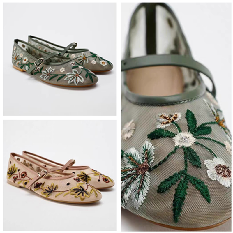 西班牙2025春新品圆头浅口女鞋绿色花朵刺绣网眼布芭蕾舞平底单鞋