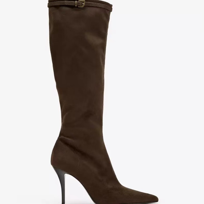 西班牙2026春季新品时尚瘦瘦欧美靴搭扣饰侧拉链高筒尖头细高跟靴,女鞋,时装靴,淘宝优惠券,粉丝福利购,淘宝优惠卷