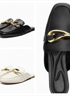 西班牙2023夏季ZA家新款后空包头TRF 女鞋黑色金属装饰品细节凉拖