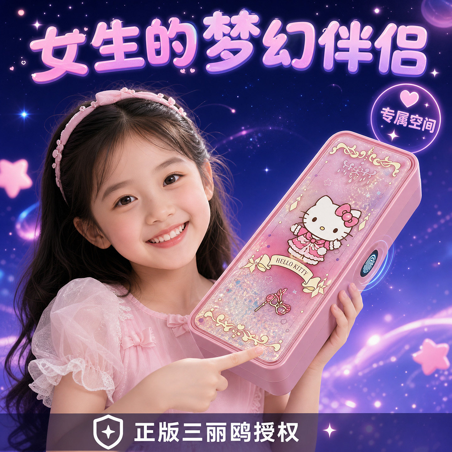 正版三丽鸥KT凯蒂猫指纹密码解锁文具盒版多功能智能黑科技铅笔盒笔袋儿童女男孩小学生新款高级感颜值大容量图片