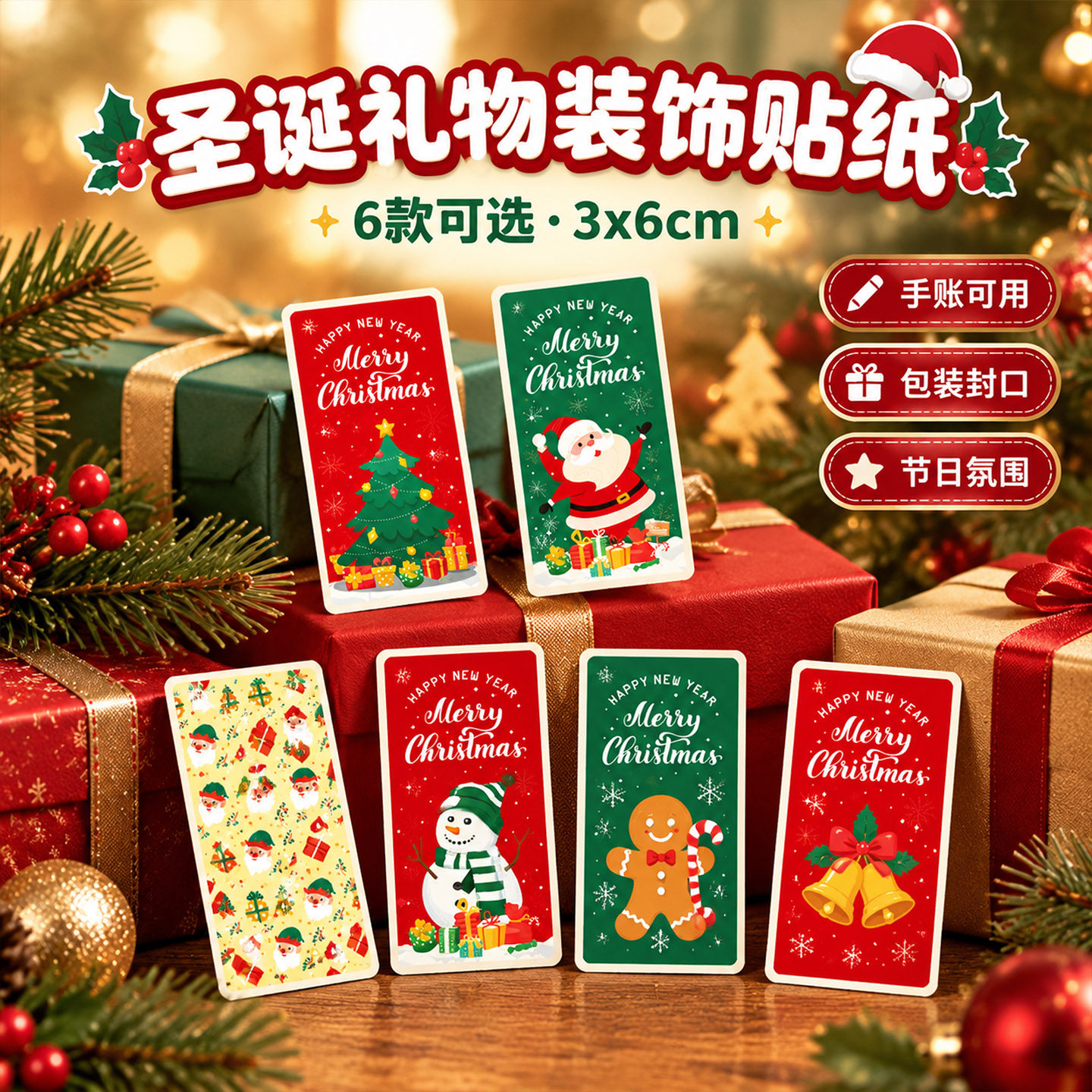 英文高颜值圣诞节主题礼物包装贴纸长方形礼品礼盒苹果装饰不干胶标签封口贴复古风圣诞老人树雪人姜饼人儿童