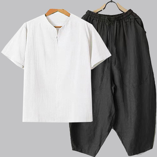 夏季棉麻套装中国风一整套帅气唐装中式茶禅居士短袖九分裤套装