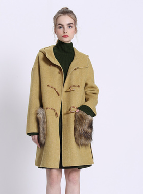 季候风冬季新款通勤宽松暗纹双面绵羊毛呢连帽大衣女0854DA223