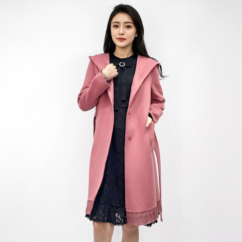 季候风优雅网纱拼接系带收腰显瘦连帽双面呢大衣外套女8893da205