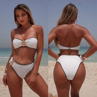 2026欧美新款 纯色比基尼度假花芽金属辅料分体泳衣女士沙滩游泳衣