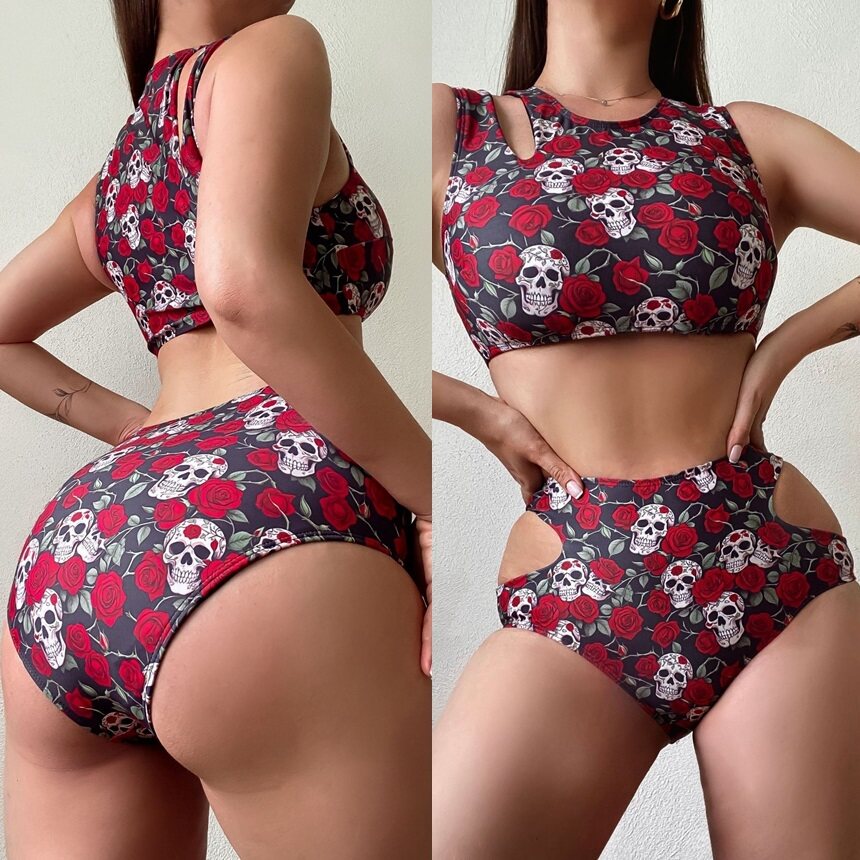 玫瑰骷髅头女士性感比基尼游泳衣