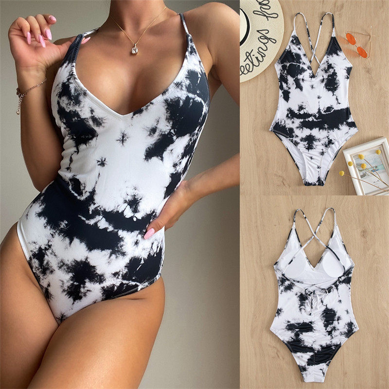 2021新款热卖黑白印花性感露背吊带连体泳装爆款比基尼一体式泳衣