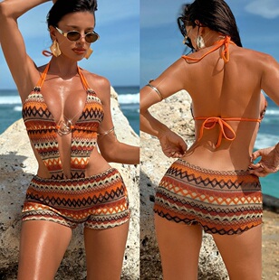 2026欧美跨境平角裤 连体泳衣沙滩性感比基尼度假波西米亚游泳衣女