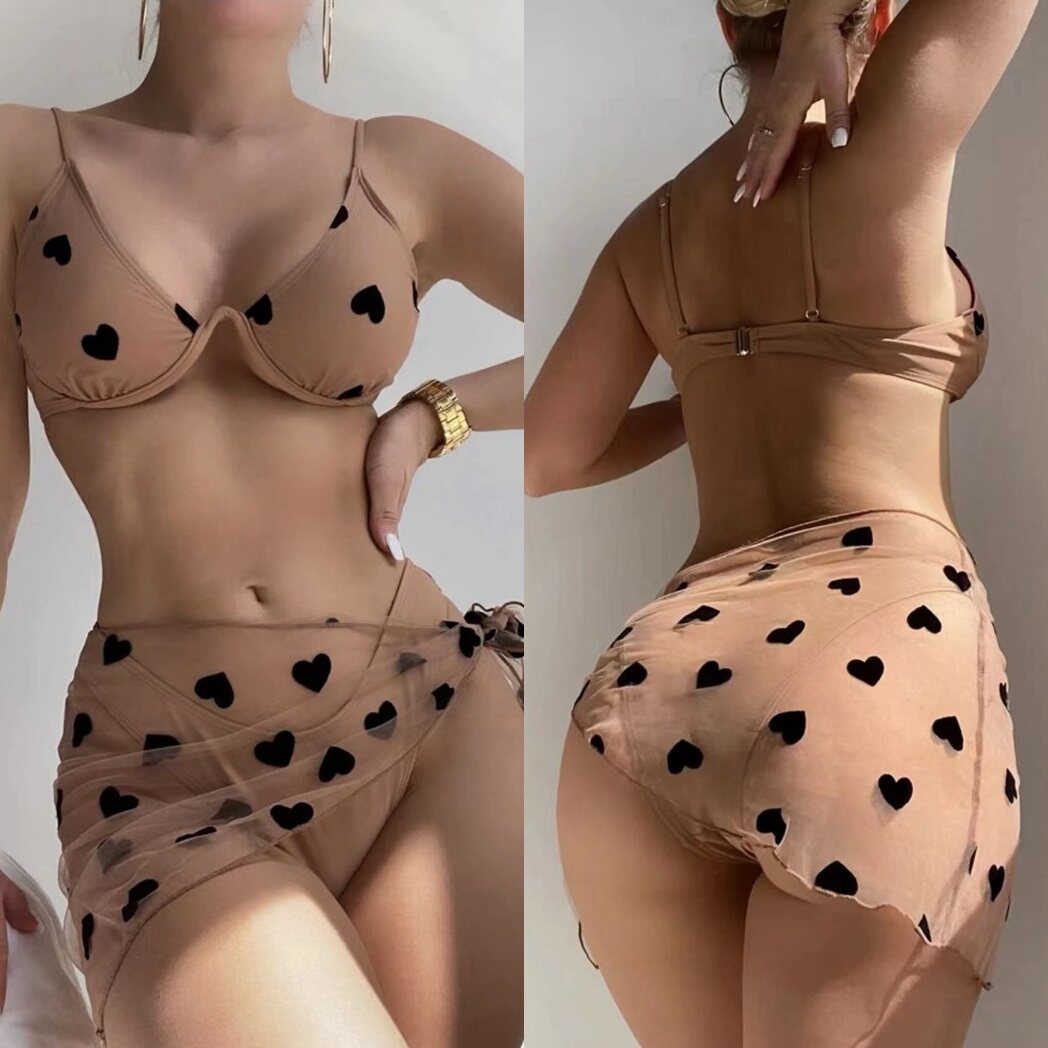 三件套比基尼泳衣女爱心印花网纱