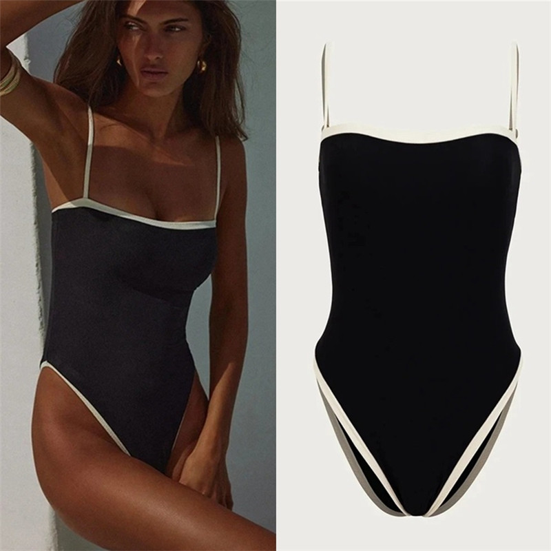 新款连体泳衣欧美性感比基尼女沙滩辣妹拼接双肩带一体式泳装热卖