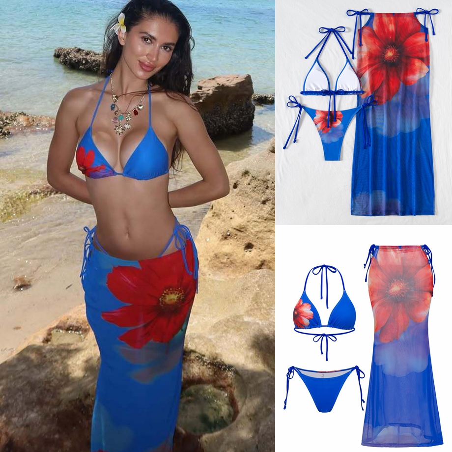 新款三件套泳衣沙滩绑带挂脖印花性感比基尼女士露背长裙户外泳装