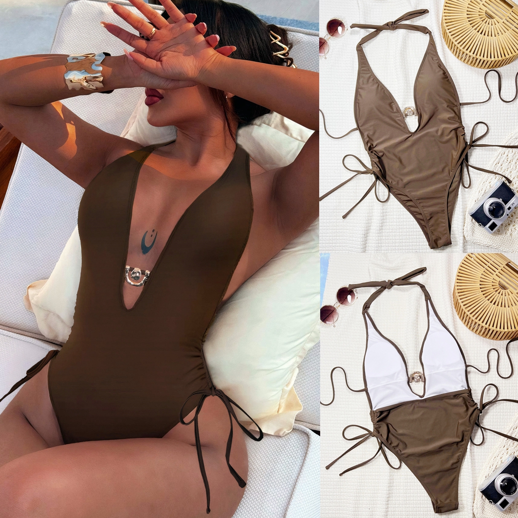 欧美纯色系带V领比基尼度假高腰三角连体泳衣女士沙滩温泉游泳衣