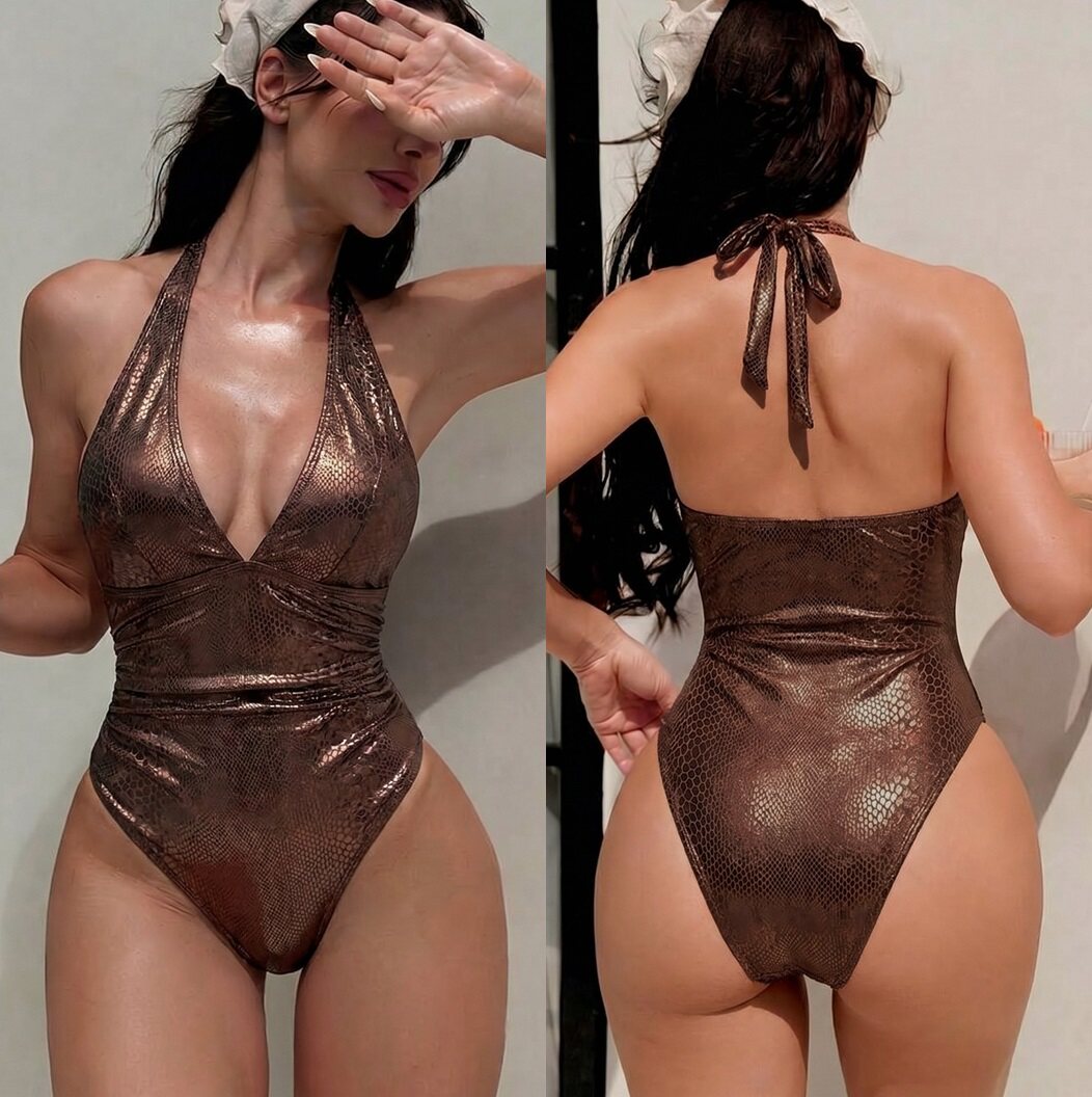 烫金女士连体泳衣沙滩显瘦游泳衣