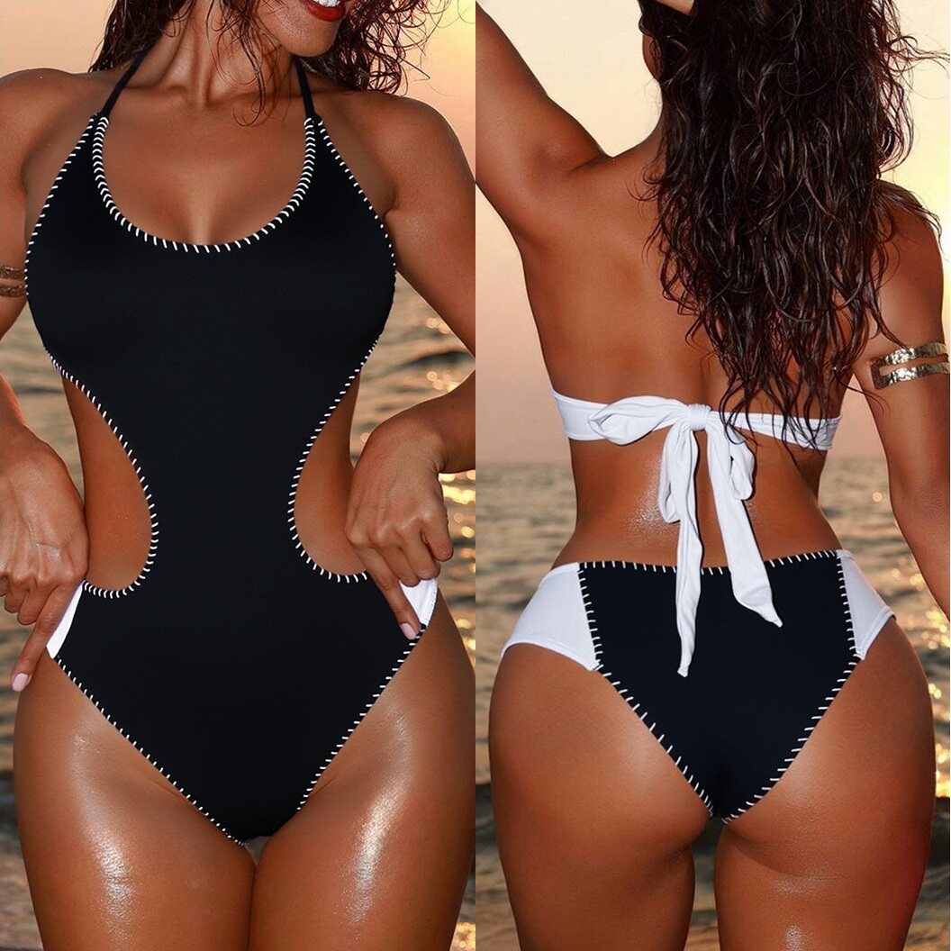 新款连体泳衣绑带比基尼沙滩欧美挂脖游泳衣女士度假拼色性感泳装