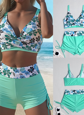 2025新款欧美印花背心比基尼女高腰平角抽绳短裤分体泳衣Tankini