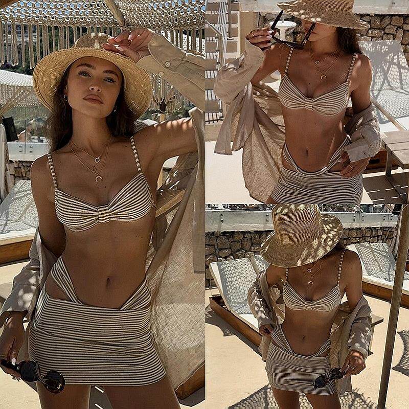 新款性感三件套比基尼欧美条纹分体泳衣跨境游泳衣女士双肩带泳装