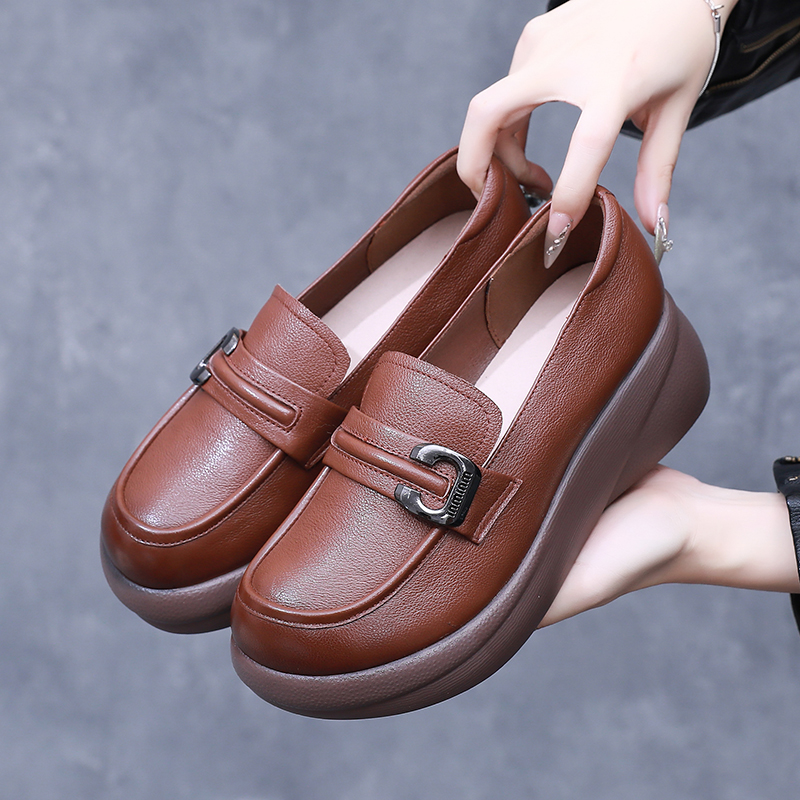 2025新款春秋松糕鞋女厚底乐福鞋休闲一脚蹬单鞋小皮鞋真皮女鞋子