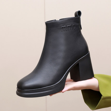 粗跟厚底短靴女防水台高跟鞋子春秋冬季2025新款真皮女靴子马丁靴